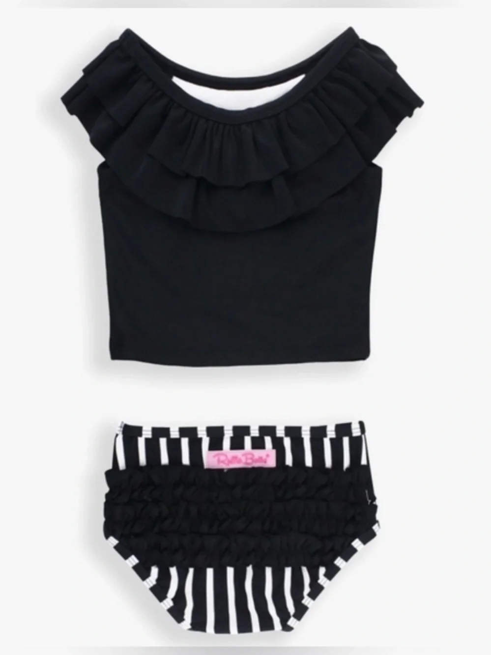 NWT Rufflebutts Baby Girl Black & White Stripe Ruffled Tankini, Size: 3-6M